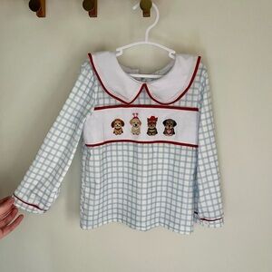 Boys 3T Blue Gingham Long-Sleeve Shirt with a white collar and dog embroidery
